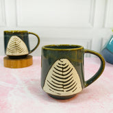 Forest Green Leaf Embossed Ceramic Coffee Mug Set Of 2 Pieces - 330ml Each | Ceramic Mugs For Coffee, Tea, Milk - Microwave Safe & Leak Proof